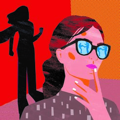 Enscheidung über Zivilcourage: Eine Frau überlegt, ob sie eingreifen soll. In ihrer Brille spiegelt sich eine kritische Situation: eine Person , die mit dem Fuß nach einer anderen tritt. Der Schatten der Frau hinter ihr an der Wand zeigt sie als Superheldin.